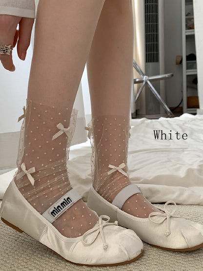 Socks Polka-dot Calf White/Black/Brown/Gray/Purple/Green Bowknot Pattern Details