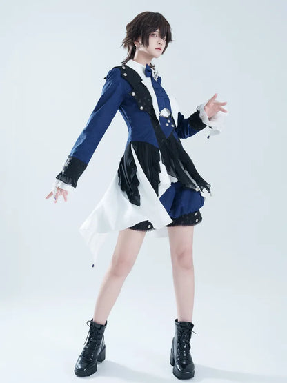 Set Weiß Dark Gothic Ärmel Drei Lolita Shorts Shirt Prince Coat + Lange Ouji Stücke Blau
