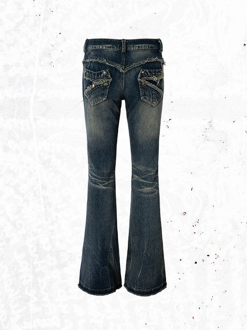 Jeans Light Studs Punk Patches Wash Blue Distressed with Plaid