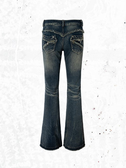 Jeans Light Studs Punk Patches Wash Blue Distressed with Plaid