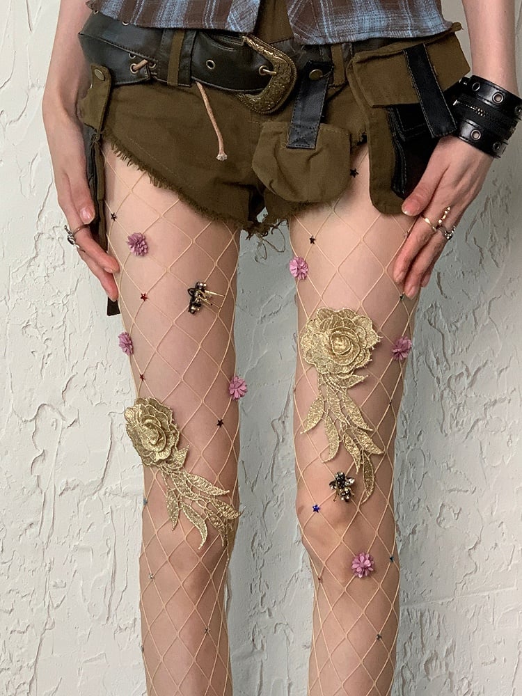 Strumpfhose Fischnetz Wasteland Floral und Details Star Punk Nude/Schwarz