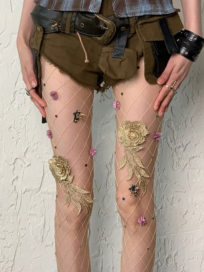 Tights Fishnet Wasteland Floral And Details Star Punk Nude/Black