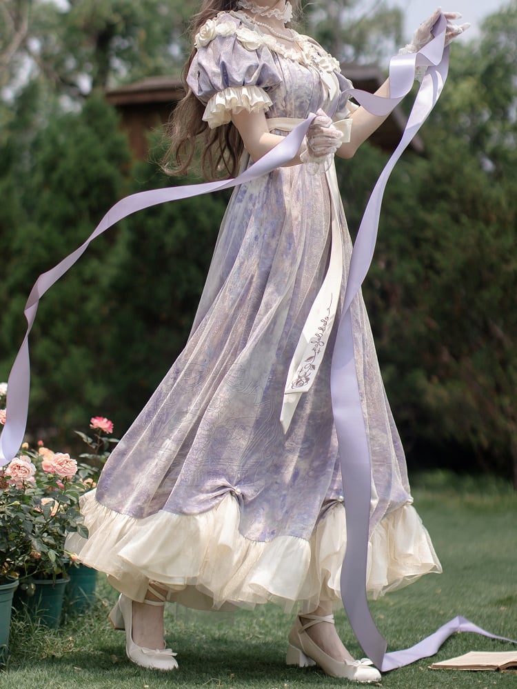 Klassisches Empire Maxi-Stück Lila Lolita Öl Eine Elegante Taille Malerei Kleid Druck