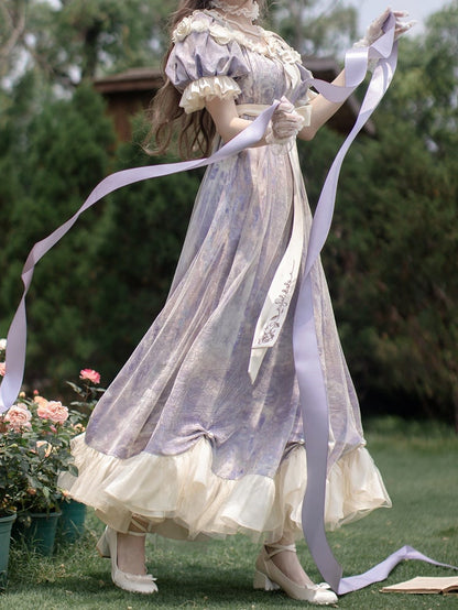 Klassisches Empire Maxi-Stück Lila Lolita Öl Eine Elegante Taille Malerei Kleid Druck