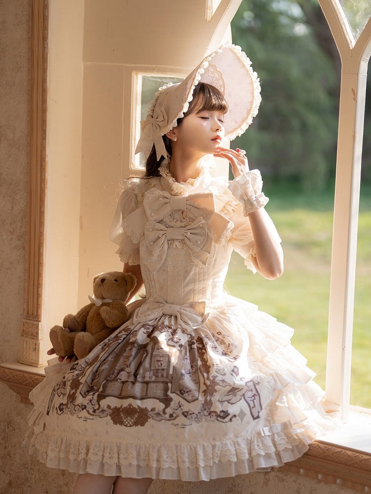 Beige Brown Bunny Print Ruffle Sweet Lolita Jumper Skirt with Bows - NnSTAR