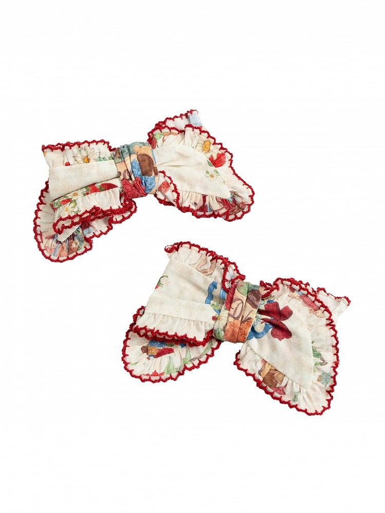 Beige Pink Blue Spring Picnic Print Lolita Bow Hairclips - DrunkCoco