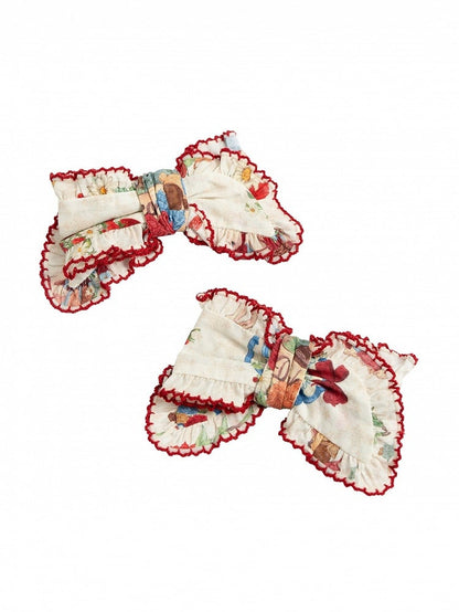 Beige Pink Blue Spring Picnic Print Lolita Bow Hairclips - DrunkCoco