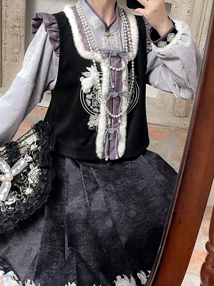 Gray Cheongsam Style Banded Collar Long-Sleeve Top