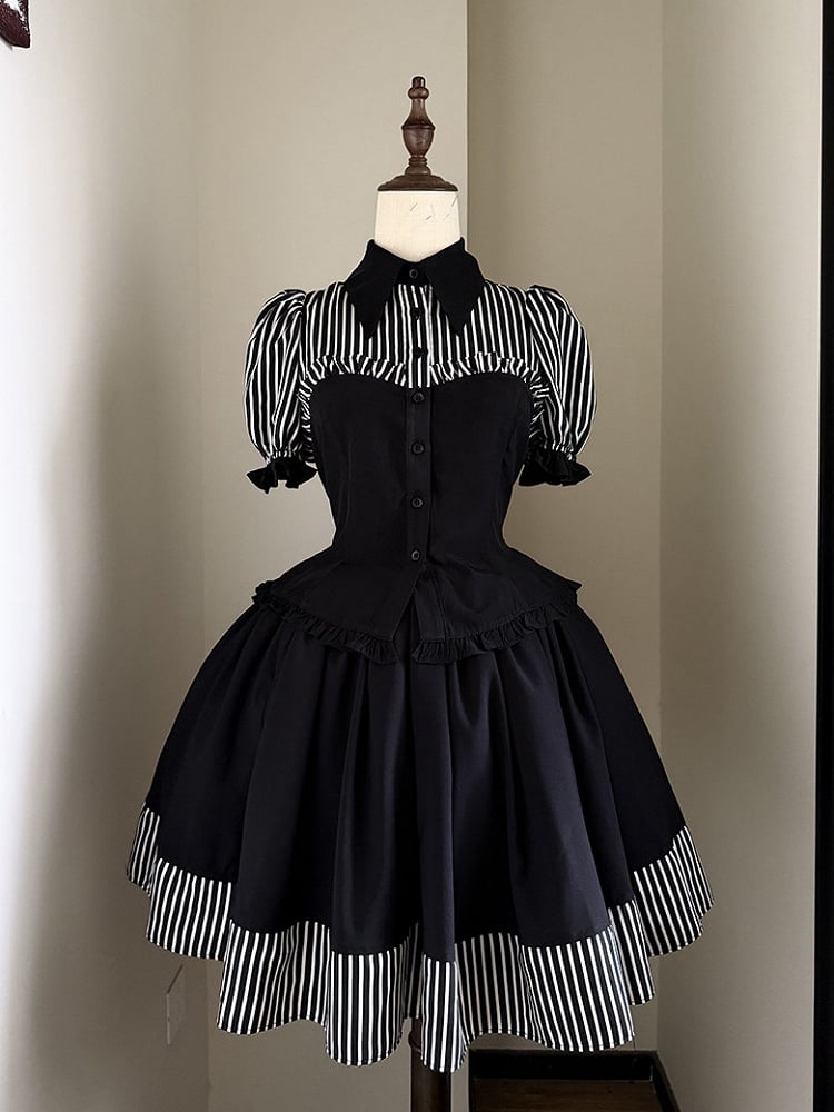 Black Stripes Short Puff Sleeve Gothic Lolita Blouse - Flower Fairy Daily
