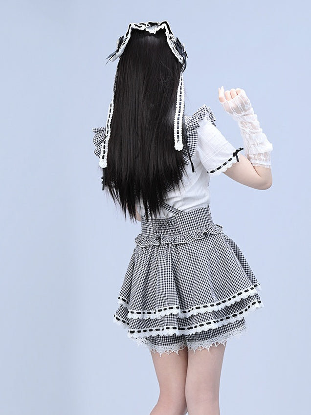 Black White Jirai Kei Square Neck Cotton Blouse with Bow Lace Details - Broken Bear