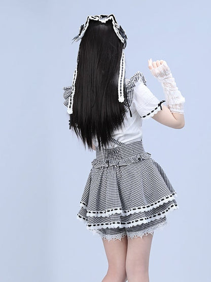 Black White Gingham Jirai Kei Overall Skort with Bow Lace Details - Broken Bear