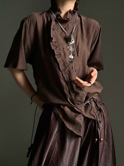 Coffee Ouji Short Sleeve Shirt with Ruffle Trim - ASAE