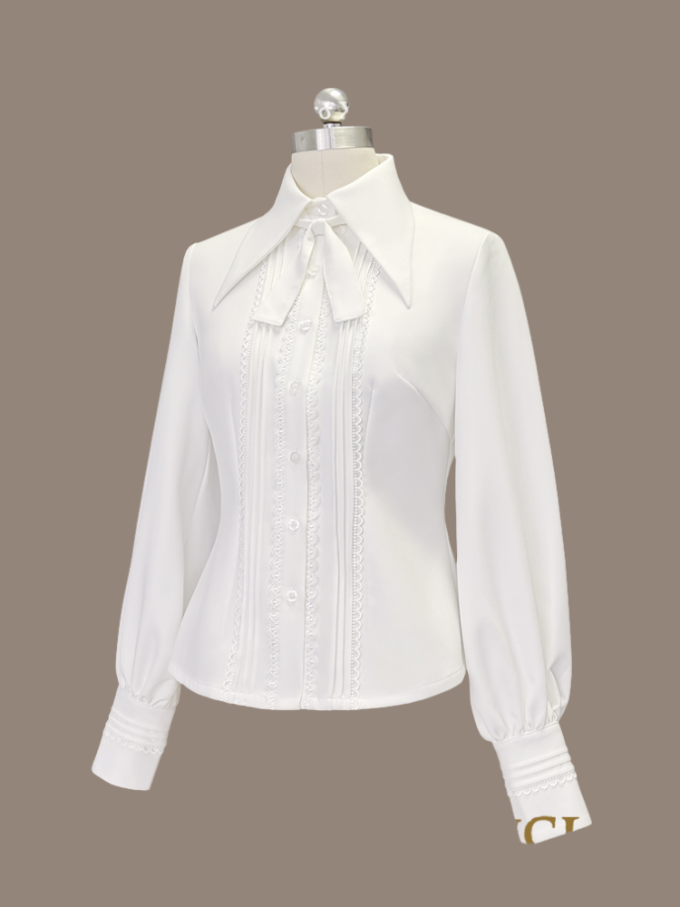 プリンス レース スリーブ 4 とロングディテール フォールドオーバー プリーツオプション カラーシャツ カラーポイント