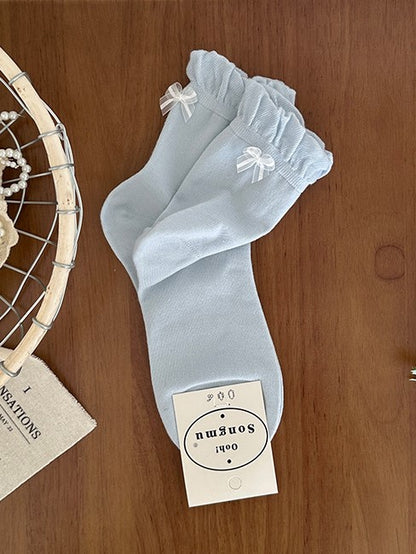 Details Rosa/Blau/Schwarz/Weiß/Gelb/Graue Wadensocken mit Rüschenbündchen und Schleife