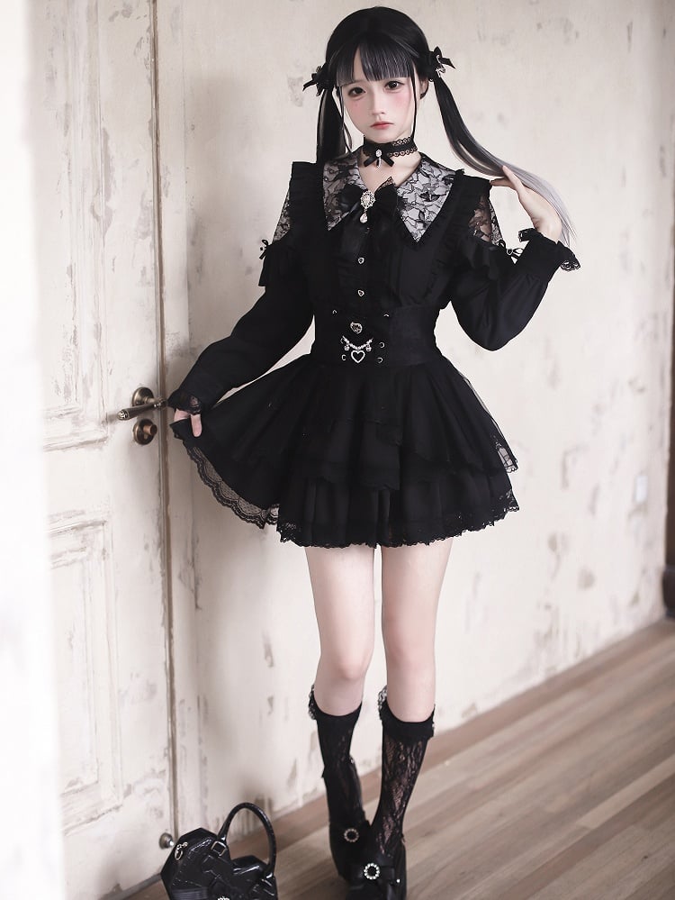 - Shoulders Blouse Kei Jirai Collar Black Lace-Cutout Pointed Gothic Style with