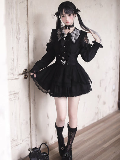 - Shoulders Blouse Kei Jirai Collar Black Lace-Cutout Pointed Gothic Style with