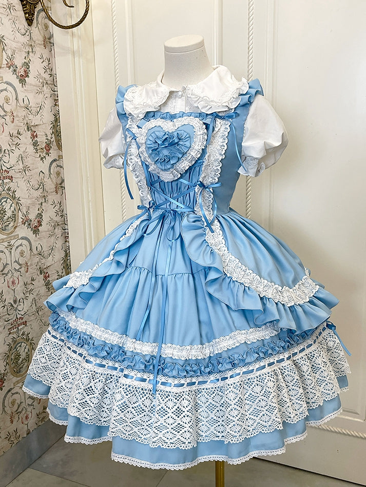 Blue Bodice Heart Detachable Padded School Dress Old Lolita Jumper Skirt