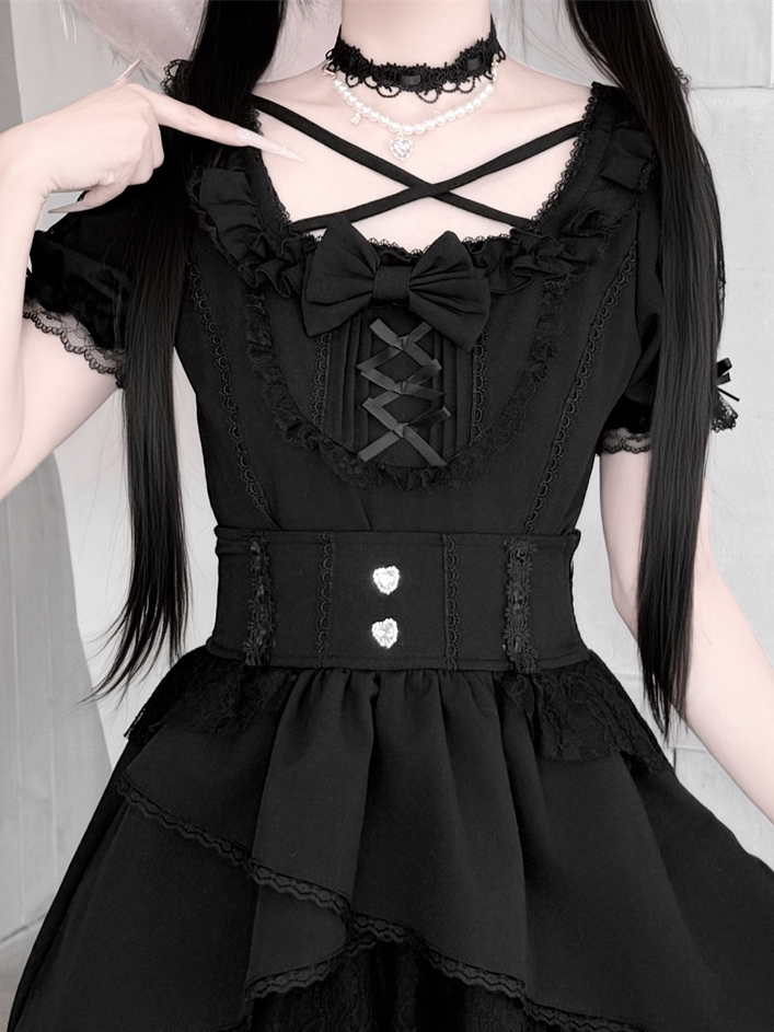 Jirai-Kei Black Short-Sleeve Lace Bow Blouse - Jiuniang Cherry