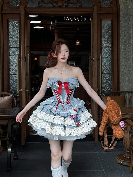 Blue Corset Lace-up + Skirt Set Bolero Top Boned Puffy Full