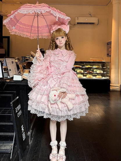 Multi-Layer JSK Trim Lace Bow Details Cute Pink Princess with Bead Sweet Dress