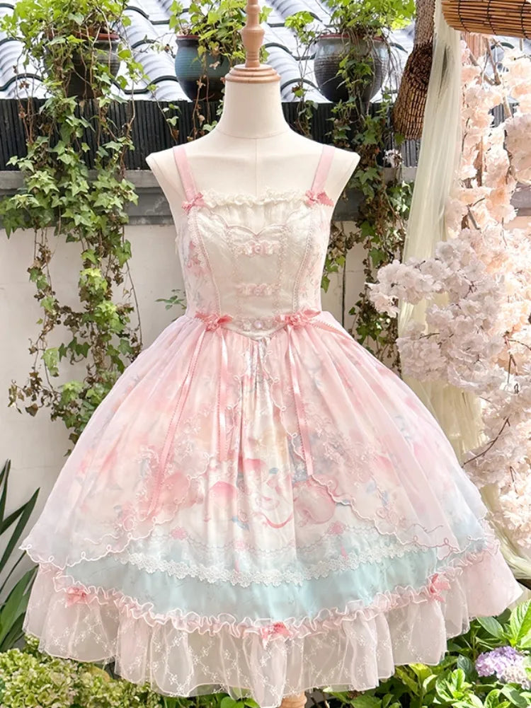 Rosa Lolita-Kleid mit baskischer Taille, Pfirsich- und Pfirsichblüten-Print JSK