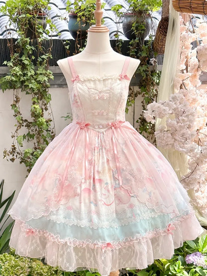 Rosa Lolita-Kleid mit baskischer Taille, Pfirsich- und Pfirsichblüten-Print JSK