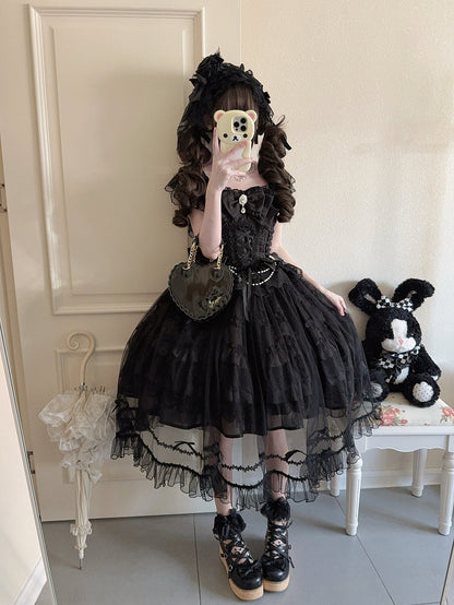 Dress Bows Hanayome-Style Multi-Layer + Overlay Lolita Apricot Full JSK Gentle Details / Rhinestone Set Lace with