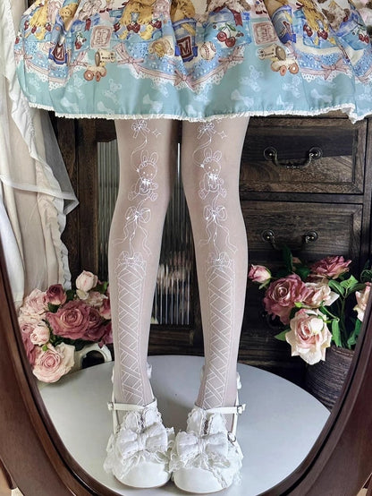 Bow And Bunny Pantyhose Semi-sheer Print White Lace-up