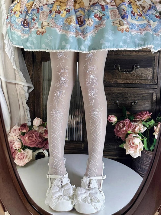 Bow And Bunny Pantyhose Semi-sheer Print White Lace-up