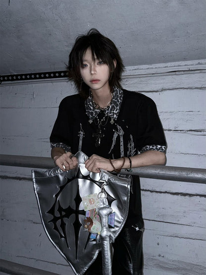 Print Y2K Patchwork Cross T-Shirt with Leopard and