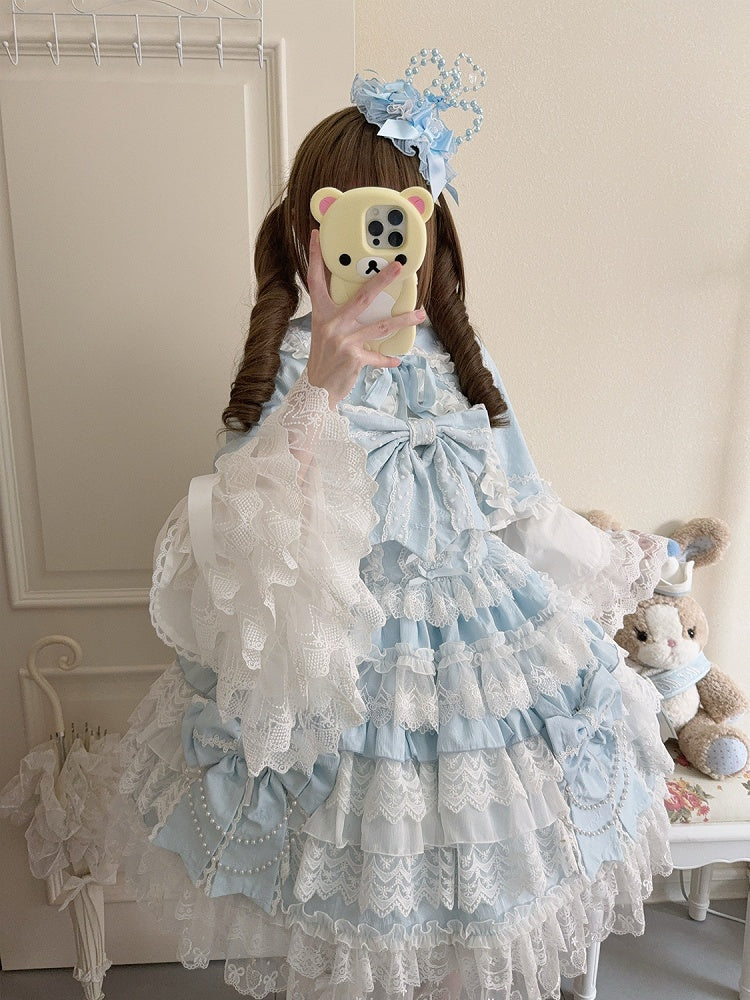 Lolita Rock Kleid Große Schleifen Dekoration Hanayome Blau Tiered