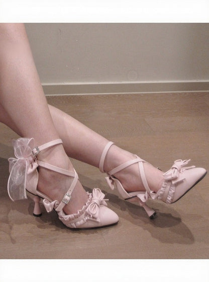 Sweet Pink Pointed Toe 7.5cm High Heels Lolita Shoes with Bowknot and Lace Detail - Luo Hua Jing Meng