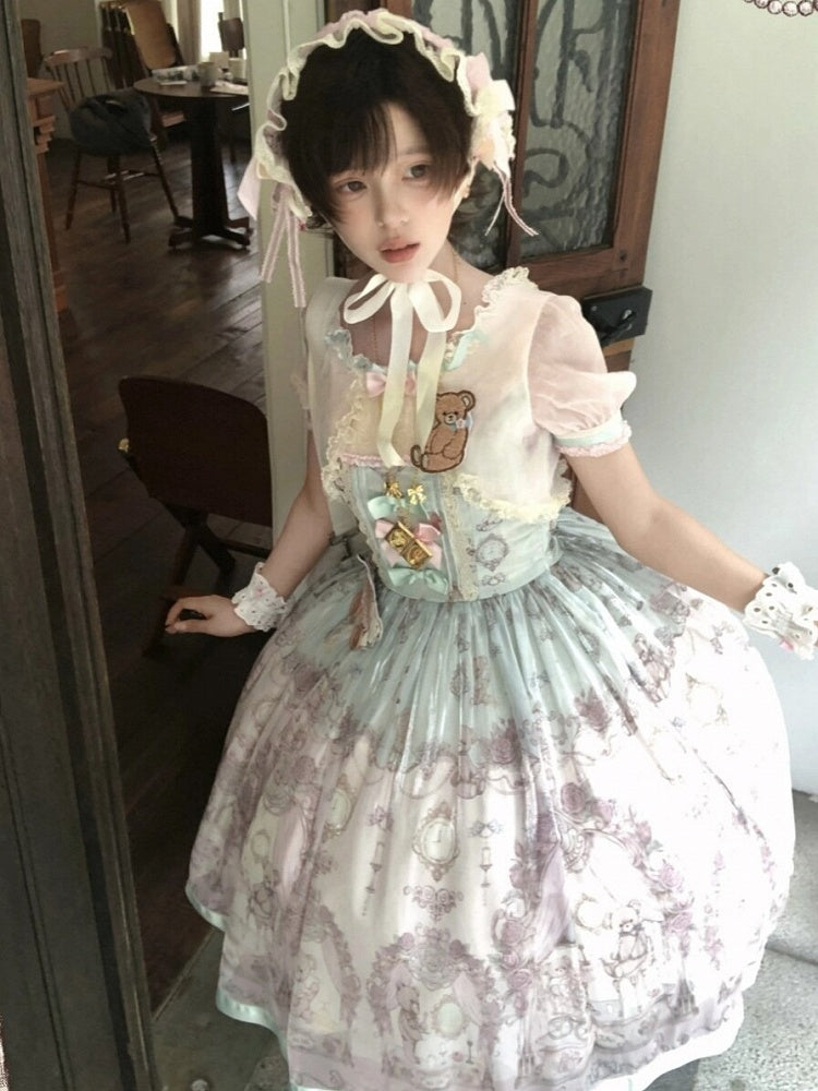 Rose & Mint Short Sleeve OP Gown with Bear Motif - Lunethe