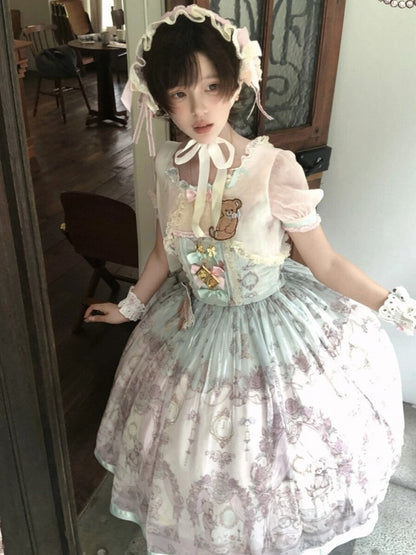 Rose & Mint Short Sleeve OP Gown with Bear Motif - Lunethe