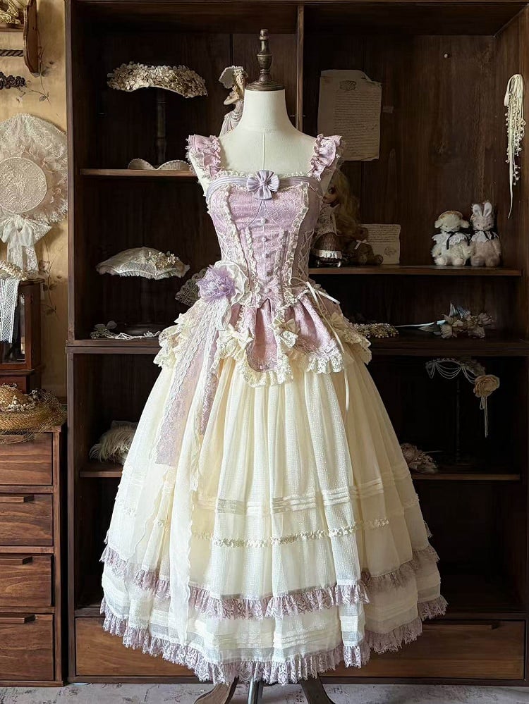 Elegant Long Corset Boned Skirt Purple + Beige Classic Lolita Jacquard Set Top