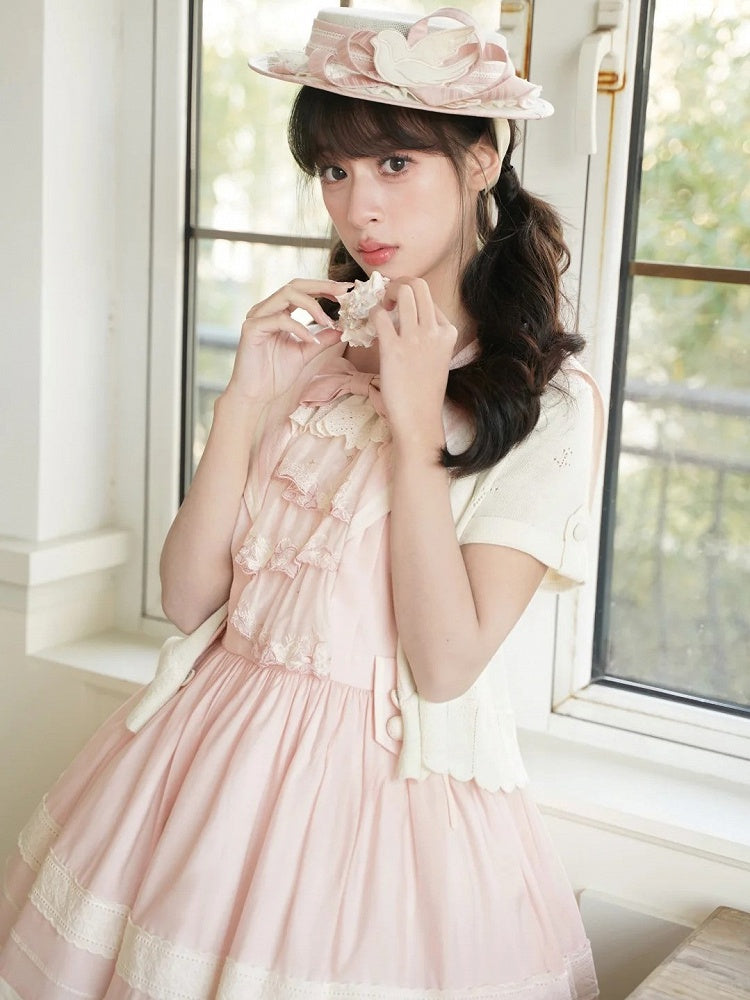 Trims Lolita Accent Beige Pink with Lace Dress and Collar Sailor Bow