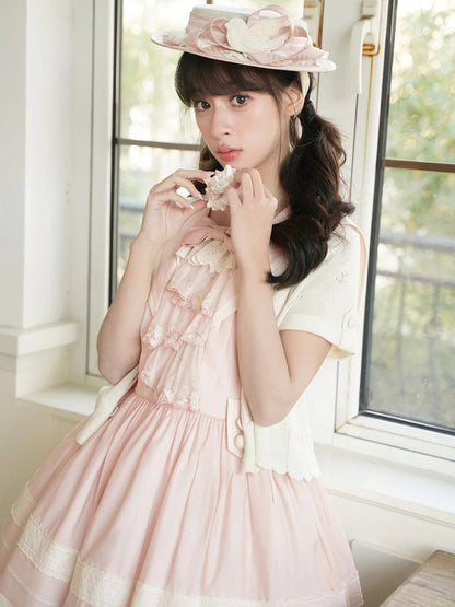 Trims Lolita Accent Beige Pink with Lace Dress and Collar Sailor Bow