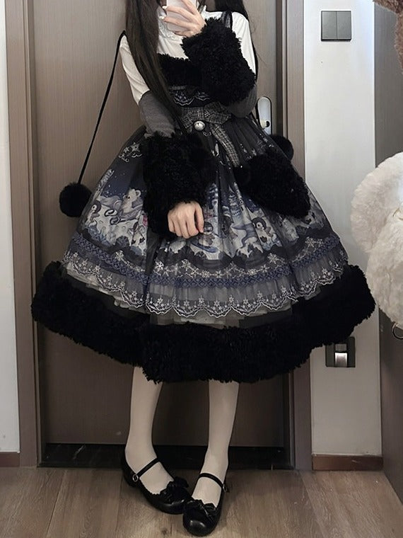 Black Lolita Jumper Dress Penguin Snowball Winter Plush Heart Pocket Theme - Lineall Cat
