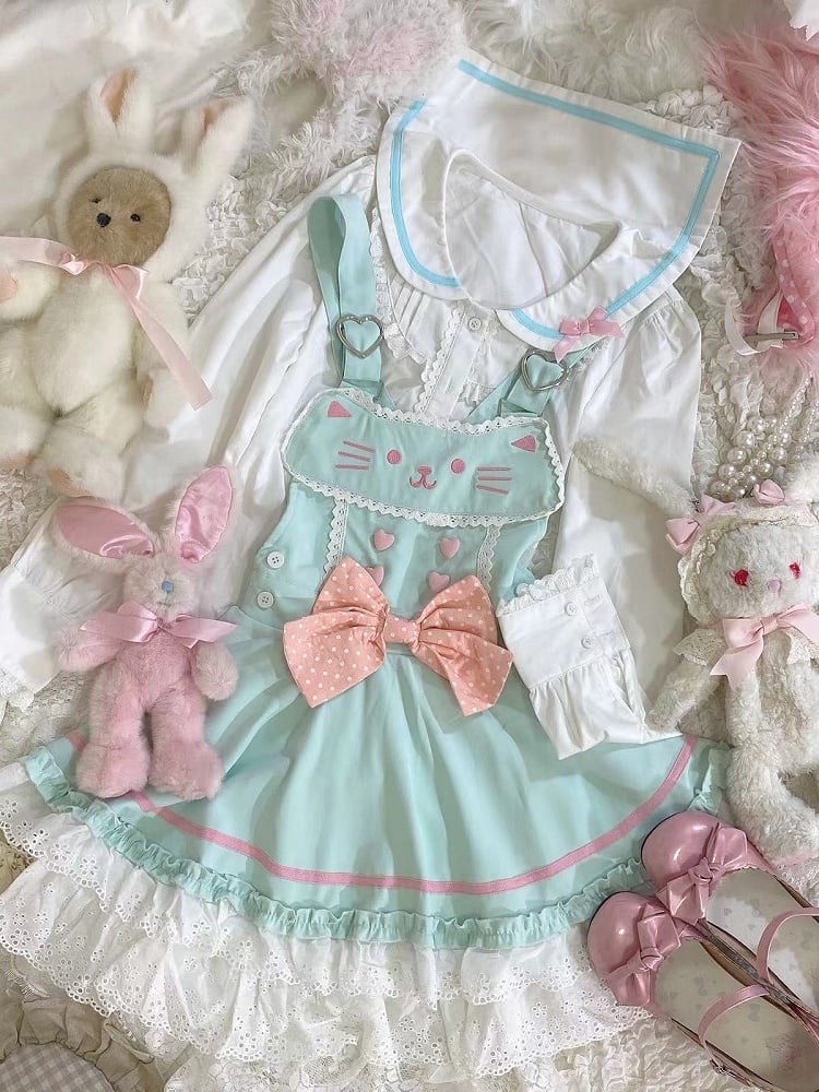 Soft Mint Green Adorable Cat Embroidered Overall Dress / White Sailor Collar Blouse