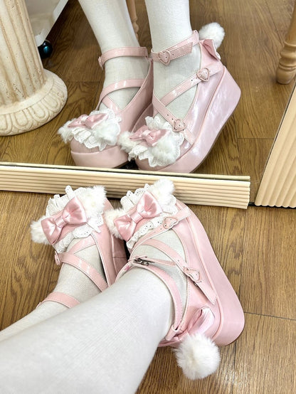 With Platforms Ear Bow Bunny Crisscross Decorated Pompon PinkWhite Design Plush Top at
