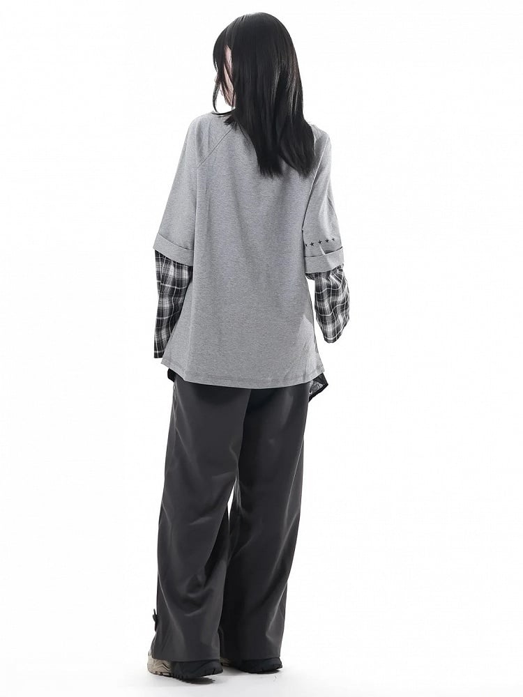 Detachable Grey Unisex Zipper Taste Studded Plaid Slit Aesthetic: with Oversized Sleeves Top