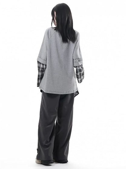 Detachable Grey Unisex Zipper Taste Studded Plaid Slit Aesthetic: with Oversized Sleeves Top