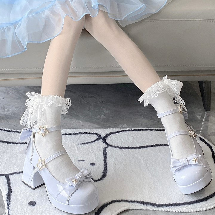 Star in Elegant Lolita High Blue Light 8cm - Accents Block Details Heels Bow