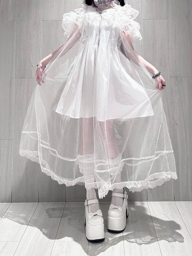 White Lace Trim Slip Dress with Tulle Overlay - Pink Rabbit
