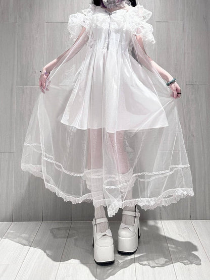 White Lace Trim Slip Dress with Tulle Overlay - Pink Rabbit