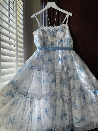 ブルーのハイウエストリボンプリントティアードスカート サマーロリータドレス