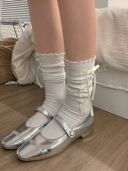 Trim White/Black Calf Decorated Side Ruffled with Socks Ruched Bow