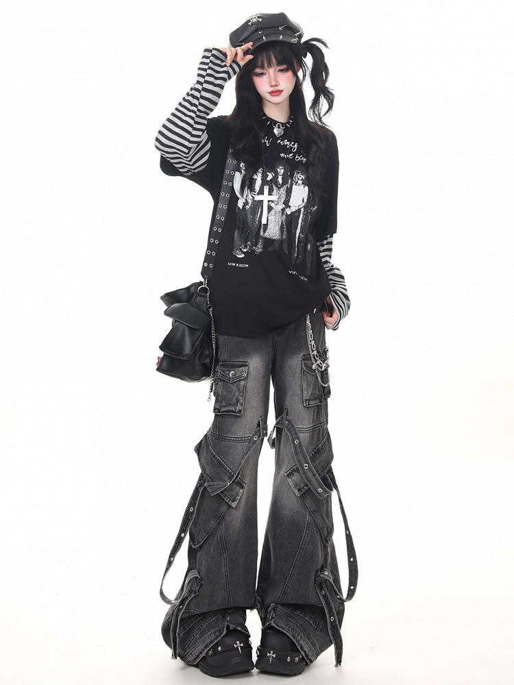 Rock Sleeve Two-Piece Band Faux Detail Print Top Punk with Black and Striped