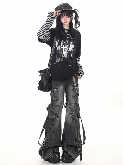 Rock Sleeve Two-Piece Band Faux Detail Print Top Punk with Black and Striped