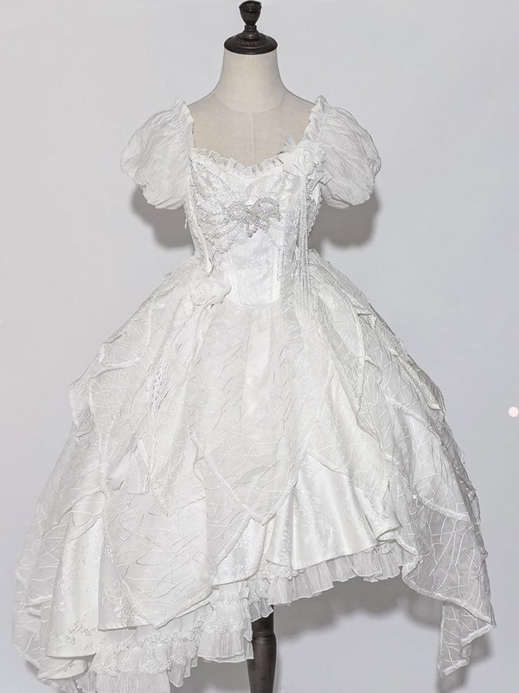 White Butterfly Motif Puff Sleeve Lolita Top and Asymmetrical Hem Skirt Set - Sweet Wood Lolita